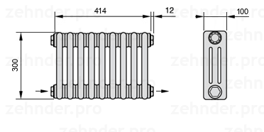 Схема (чертеж) Радиатор Zehnder Charleston 3030/9 №2670 Белый глянцевый RAL 9016